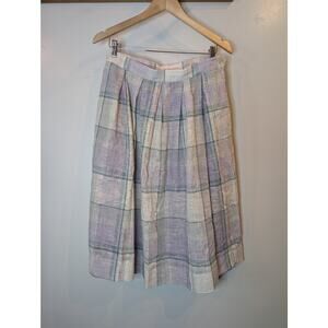 Vintage JCPenney Linen Plaid Pleated Midi Skirt Lavender Green Cream Women Sz 18